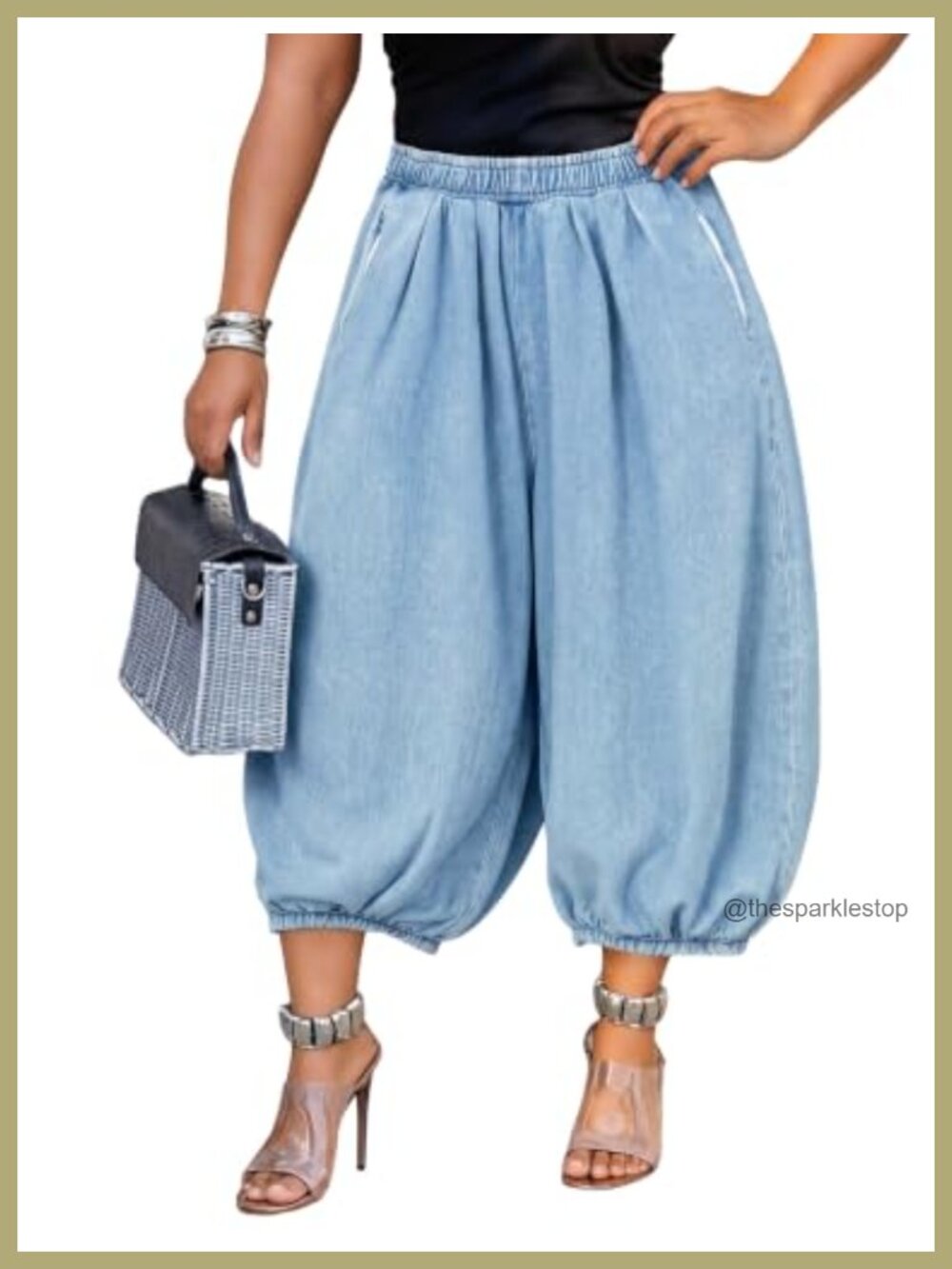 Barrel Leg Cropped Jeans High Rise Loose Denim Trousers Pull On Pockets